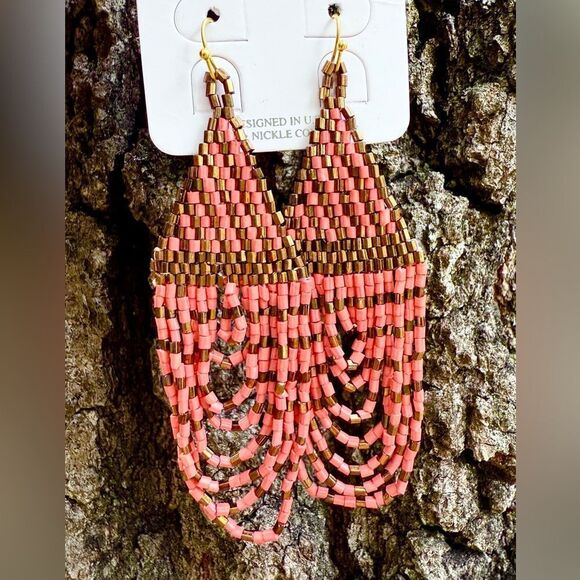Western Earrings Coral Pink Bronze Gold Fringe Cowgirl Nashville Peach Apricot - Picture 1 of 1